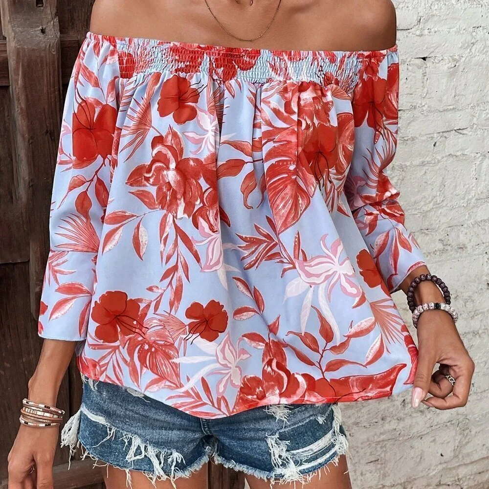 Multicolor Boho Women's Off Shoulder Blouse With Tropical Plant Print - Picture 4 of 6